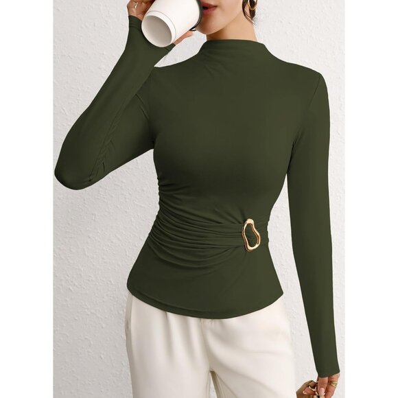 Women's Long Sleeve Mock Neck Shirt Ruched Button Detail Slim Fit Casual - Picture 4 of 7